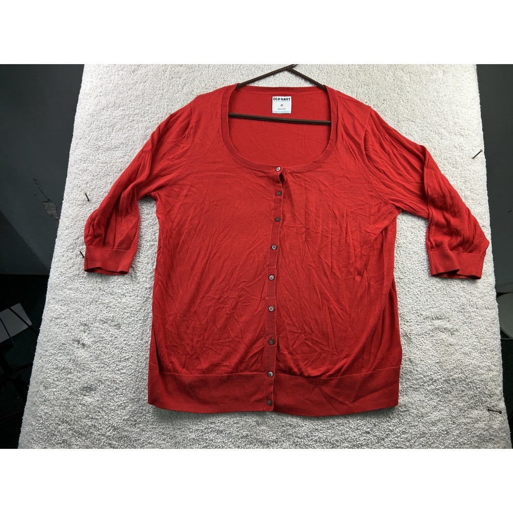 Old Navy Cardigan Sweater Womens 2X Red Scoop Neck 3/4 Sleeve Button‎ Front Plus